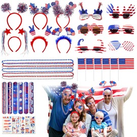 Minetom 4th of July Accessories 82Pcs Party Supplies Glasses Headbands Necklaces Bracelets USA Flags Temporary Tattoos Patriotic Party Favors for Independence day