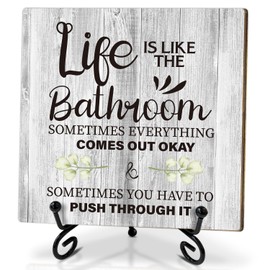 Bathroom Sign Wood Decor Plaque - Life is Like The Bathroom, Birthday Gift for Women Friends Sister Bestie, Bathroom Decor Home Office Table Decor Wood Desk Sign with Stand /30