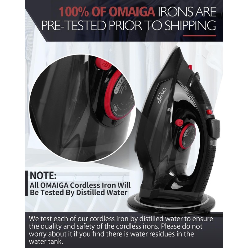 OMAIGA Cordless Iron for Clothes, 1500W Steam Iron Rapid Heating,