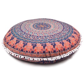 Ganesham Indian Mandala Tapestry Round Seat, Mandala Cushion, Meditation Cushion Cover, Handmade Cushion Insert, Round Mandala Cushion Throw, Blue & Red, 80x80 cm