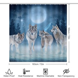 Brebasf Winter Forest Wildlife Wolf 4 Pcs Waterproof Shower Curtain Set Fantasy Galaxy Full Moon White Wolves with Waterproof Toilet Cover Shower Mat Rugs,72" W x 72" L