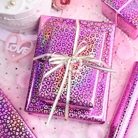 MAYPLUSS Holographic Heart Wrapping Paper Roll, Girly Romantic Metallic Pink Rainbow Birthday Wrapping Paper for Valentine's Day, Wedding, Anniversary, Christmas, Party, Celebration (17in x 33ft)