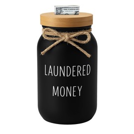 Funny Laundered Money Coin Bank – Glass Jar with Money Slot and Bamboo Lid, Rustic Tip Jar for Laundry Rooms, Loose Change, Home Organization, Decorative Piggy Bank for Farmhouse Home Decor (Black)