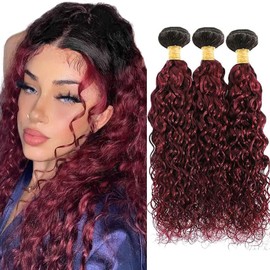 1B99J Bundle Burgundy Water Wave Human Hair Bundles 24 24 24 Inch Two Tone Black And Wine Red Bundles Human Hair Ombre Red Wet And Wavy Bundle Hair Weave