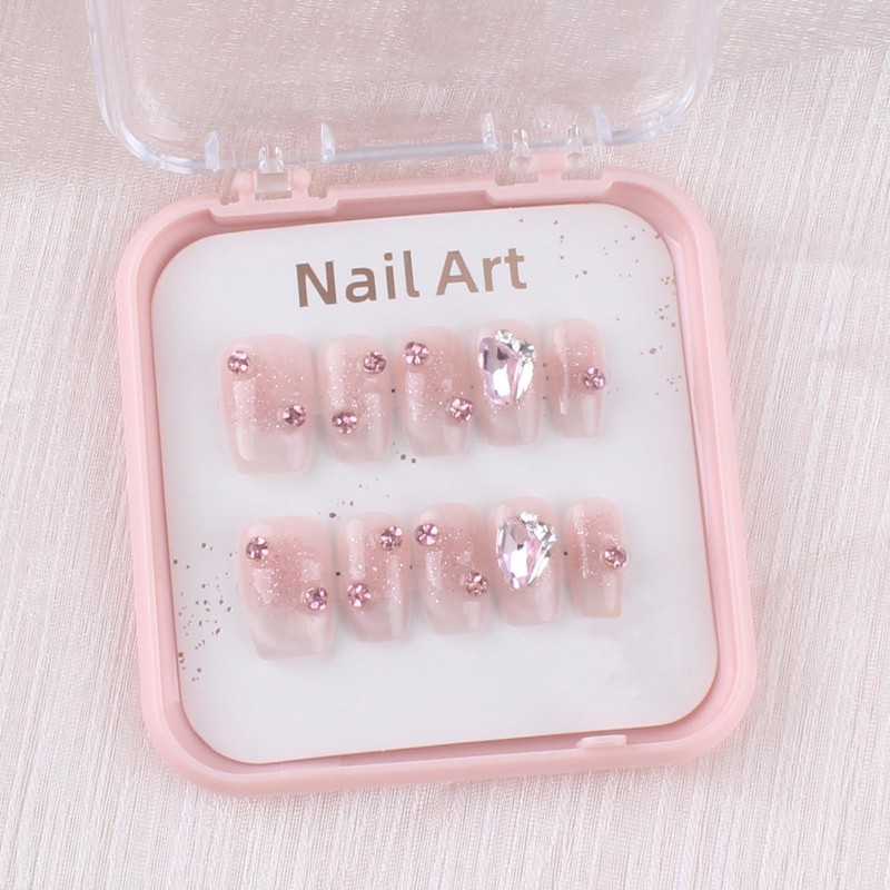 MZCMSL Handmade Nail Tip, Short, Square, Pink, Crystal Stone, 3D,