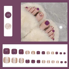 Pack of 24 Stick-On Toenails Short, French Purple Shiny False Toenails with Jelly Glue, Square Artificial Toenails Full Cover Fake Toe Nails for Women and Girls DIY Nail Art