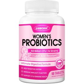 ZEBORA Probiotics for Women Digestive Health, Prebiotics and Probiotics with 50 Billion for Urinary Tract and Vaginal Health, Immune Support and Gut Health, Gluten & Soy Free, 60 Tablets
