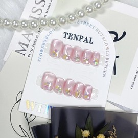 TENPAL Short Square Round Press On Nails handmade,Pink Gradient Cat Eye nails with Cherry Blossom Decor,Glitter Sweet Cute False nails, Reusable Fake Nails for Girls Daily Office, Easy Apply 10pcs S