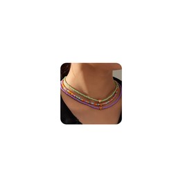 Octwine 3 Pieces Women Bohemian Minimalist Colorful Floral Love Necklaces Seed Bead Necklaces Glass Beaded Choker Jewelry for Women