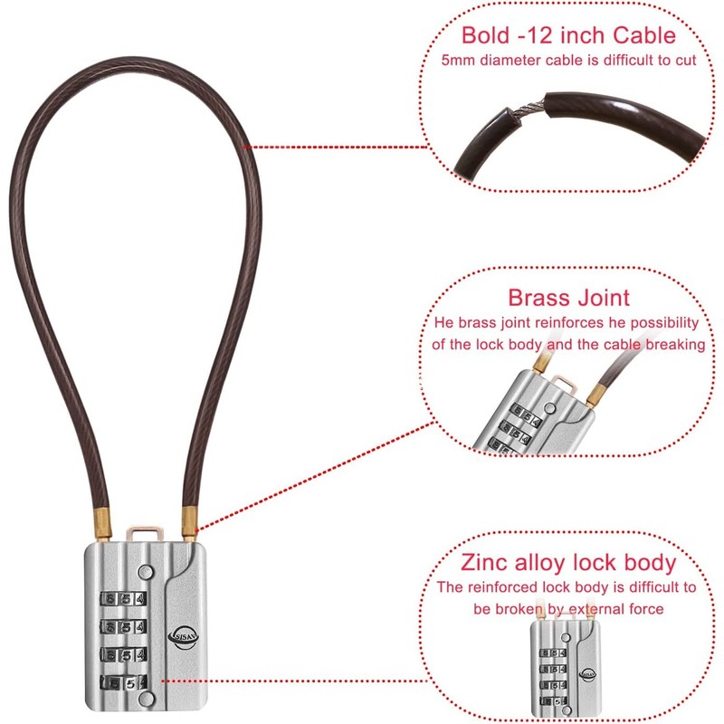 SISAV 2 Pack Long 50cm Cable Lock with 4 Digit