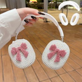 Pearl Bow Case for AirPods Max 2 Cover - Luxurious Rhinestones Glitter Crystal Headphones Case for AirPods Max Ear Cups Cover Protective 3 in 1 Accessories Set with Ear Pad/Headband for Girl - Pink
