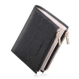 VISOUL Bi-fold Wallet, Genuine Leather, Bill Holder, Card Coin Purse, Photo Pocket, License Holder, Cowhide Leather, Double Zipper, Multi-functional, black grey