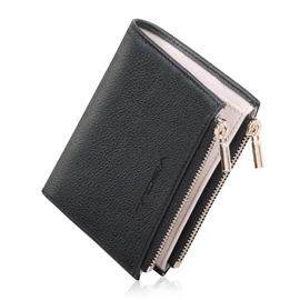 VISOUL Bi-fold Wallet, Genuine Leather, Bill Holder, Card Coin Purse, Photo Pocket, License Holder, Cowhide Leather, Double Zipper, Multi-functional, black grey