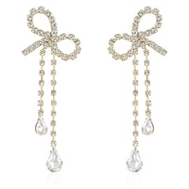 LecAit Gold Rhinestone Tassel Bow Earrings For Women Long Tassel Drop Dangle Statement Earring Bowknot Jewelry Gift for Women Girls wedding