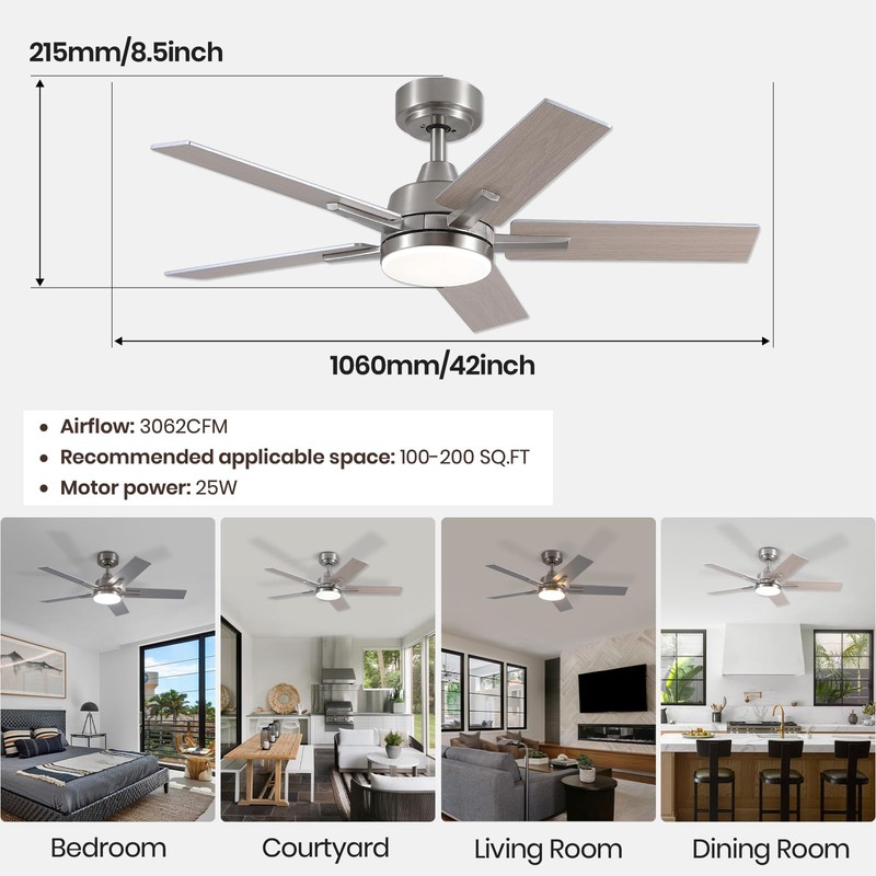 SODSEA Ceiling Fans with Lights, 42 inch Nickel Ceiling Fan