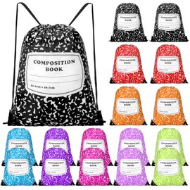 Sunnymove 24 Pcs Composition Book Themed Drawstring Bags Bulk Treat Backpacks Carrying Binders Folders Computers for Back to School Party Favors Writing Teacher Classroom Readers Book Lovers Supplies
