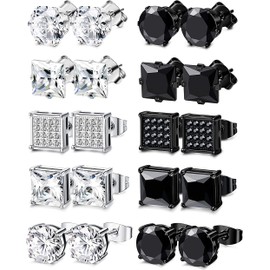 SAILIMUE 10 Pairs Stainless Steel Stud Earrings for Men Women CZ Black Cubic Square Pierced Earrings Jewelry Set 6-8MM