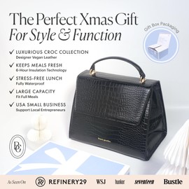 BEAUTYGOODIES Beauty Goodies Stylish Black Croc Lunch Bag for Women, Medium, Black Cute Insulated Lunch Box, Professional and Chic Lunch Bag for Working Women, Teacher, Nurses, a Great Gift!