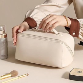 Cosmetic Bag, Large Capacity PU Waterproof Storage Makeup Bag,Open Flat Toiletry Bag Makeup Organizer,Women Portable Travel Makeup Bag with Handle Skin Care Cosmetics Toiletries