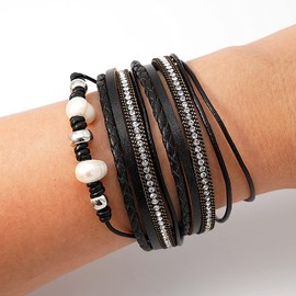 Chamqueen 2 Pieces Magnetic Buckle Leather Braided Bracelets Wrap Bangles for Women Black
