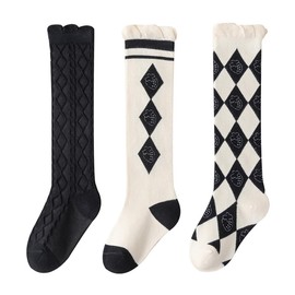 QINTIAN Children's Socks, Kids' Socks, High Socks, Girls, 3 Pairs Set, For Formal Clothes, Cute, Princess, Striped, Floral, Students, School Entrance Ceremonies, Graduation Ceremonies, Recitals,