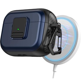 Kid-Proof case for AirPods Pro 1/2 1st/2nd gen Generation/AirPods 3: Magnetic, Safety Lock, Shock-Proof, with or Without AirTag Holder (Blue and Black, for AirPods Pro/Pro 2 with AirTag Holder)