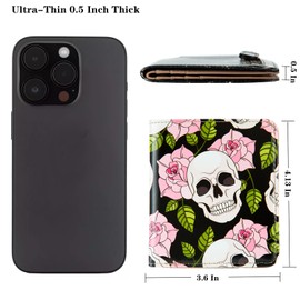 BECEERE Womens Walle Rfid Blocking Small Compact Bifold Pocket Wallet Women travel mini wallet Ladies Purse with ID Window, Roses and Skulls, Cute
