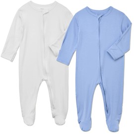 Aablexema Baby Footie Pajamas Zipper - Rayon from Bamboo Infant Footed Pjs with Mittens Sleepwear Jammies(White & Blue,Newborn)