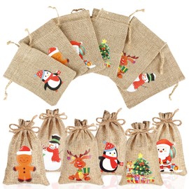 AUERVO 24pcs Christmas Jute Burlap Bags, Xmas Jute Linen Burlap Drawstring Gift Candy Pouch Snack Sack Craft Goodie Bags for kids Xmas Party Favors