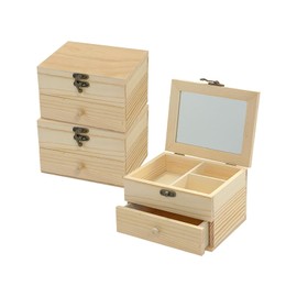 3 Pack Unfinished Wooden Jewelry Box (6x4.7x4 in) Natrural Wood Surface Chest With Glass Mirror Small 1 Drawer