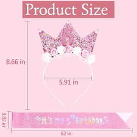 MATSOONY Krone Geburtstag Mädchen, 5 Jahr Geburtstagskrone mit Rosen & Blumen, Prinzessinnen Krone für 5. Geburtstag, Festliches Stirnband für Mädchen, Hochwertige Kinderparty-Deko