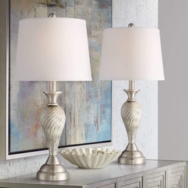 Regency Hill Arden Traditional Table Lamps 25" High Set of 2 Silver Mercury Glass Twist White Empire Shade Decor for Living Room Bedroom House Bedside Nightstand Home Office Reading Entryway
