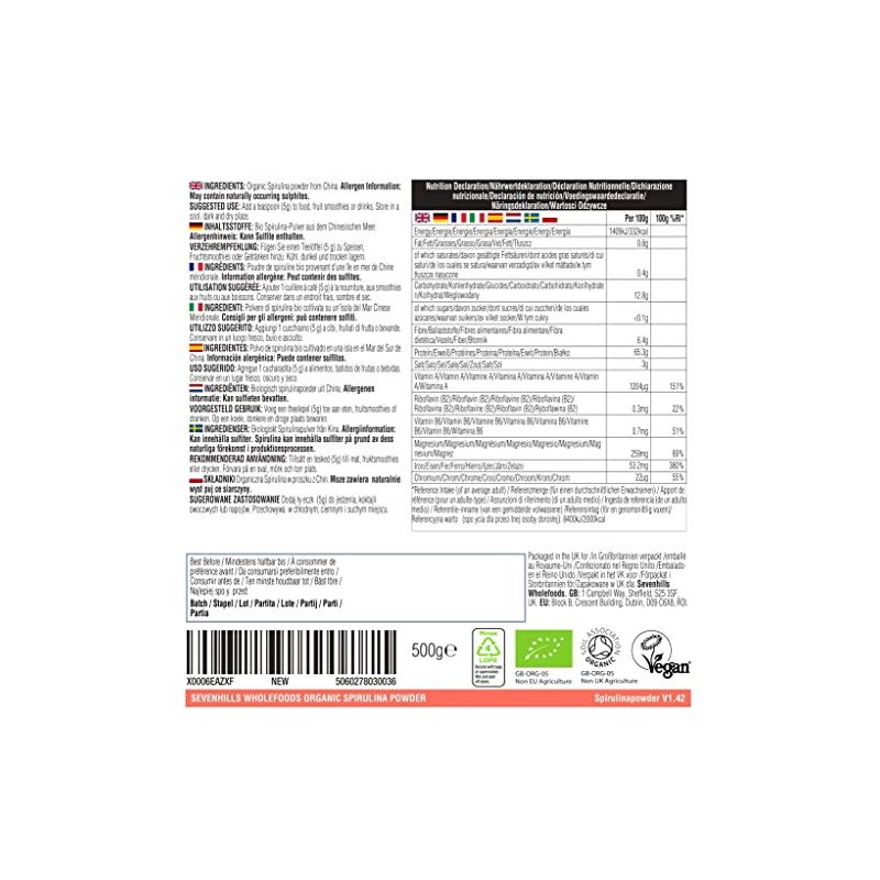 Sevenhills Wholefoods Organic Spirulina Powder 500g