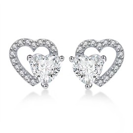 Qings March Aquamarine Birthstone Stud Earrings Heart to Heart Hollow Light Blue Gemstone Cubic Zirconia 925 Sterling Silver Double Heart Present for Her