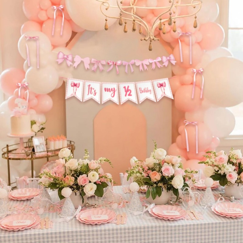 LaVenty Pink Bow Half Birthday Deocoration Pink 1/2 Birthday Supplies