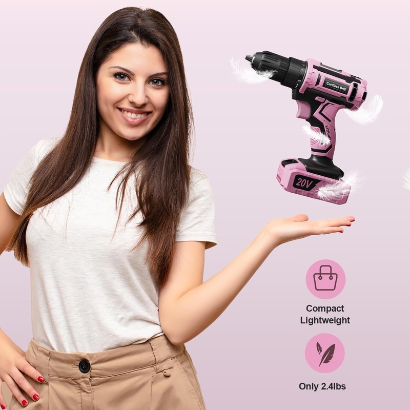 Pink Cordless Drill Set, Double 2000mAh Power Pack Electric Power