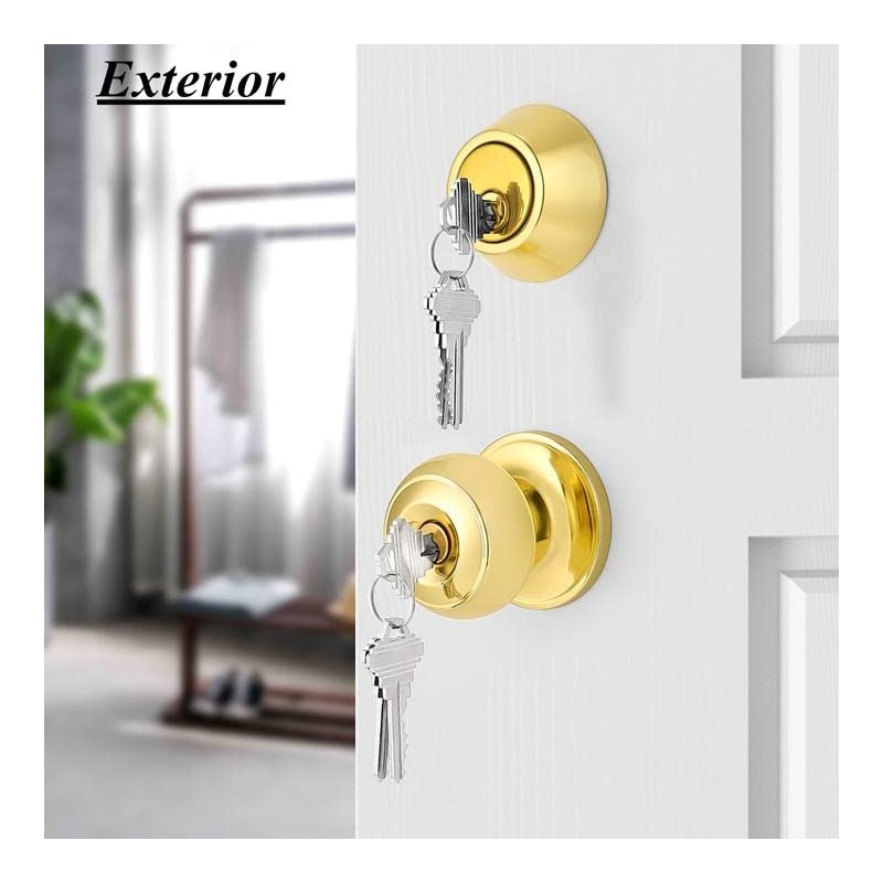 Probrico Polished Brass Keyed Entry Door Knob and Single Cylinder