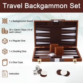 Caossuixin Travel Backgammon Set, Deluxe Leather Backgammon Board Game for Adults and Children, Portable Travel Backgammon Set, 11 Inch Backgammon Set with Dice Cup and Backgammon Pieces (Brown)
