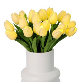 HOMESEASONS Pre-Lit 20pcs LED Lighted Fake Flowers Artificial Tulips Real Touch Tulip Bouquet 15" Faux Tulips for Easter Decor Spring Decor Mother's Day Home Kitchen Wedding Decorations(Cream)