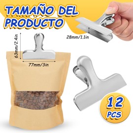 Clips para Bolsas de Alimentos, Paquete de 12 Clips para Bolsas de Acero Inoxidable, 3 Pulgadas de Ancho, Adecuado para Almacenamiento de Alimentos, Aperitivos