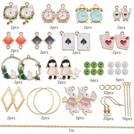 SUNNYCLUE 1 Box DIY 8 Pairs Alice Enamel Earring Making Kit Long Pentagram Alarm Clock Poker Rabbit Earrings Jewellery Making Accessories for Women Girls Adults Golden