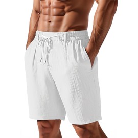 TAFLE - Pantalones cortos de lino para hombre, casual, cintura elástica, cordón, ligeros, día festivo, verano, playa, con bolsillos, Blanco, X-Large