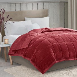 Madison Park Queen Cozy Blanket HeiQ Smart Temperature Plush to Microfiber Reverse Box Quilting, Reversible, Soft All Season, Lightweight Summer Cover, for Bed, Couch and Sofa, Full/Queen, Burgundy
