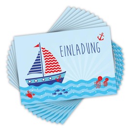 emufarm 10 Invitation Cards for Children's Birthday Parties Sailing Ship DIN A6 Printed on Both Sides Maritime Invitations for Children with Ship Boat Invitation for Boys Summer