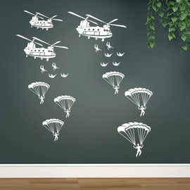 Helicopter Soldiers Army Wall Stickers, Military Vinyl Decals, Boy's Room Decoration, Paratroopers Parachute from Helicopter, White