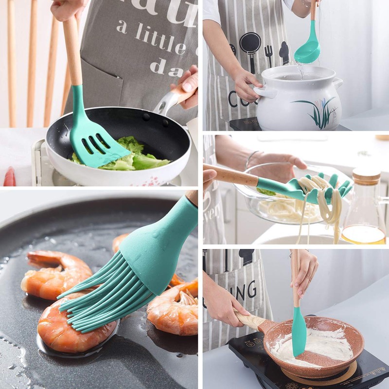 MIBOTE Silicone Cooking Kitchen Utensils Set with Holder, Wooden Handles