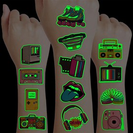 96 PCS 90s 80s Theme Pre-Cut Luminous Temporary Tattoos for Kids Birthday Theme Party Supplies Decorations Favors Decor Super Cute Fake Tattoo Stickers Party Gifts for Girls Boys Rewards (Luminous)