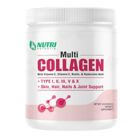 NUTRI POTENTIA Multi Collagen Peptides Powder - Type I, II, III, V, X with Vitamin C, E & Hyaluronic Acid, Hair, Skin, Nail Support | Unflavored, Non-GMO, Easy Mix - 45 Servings