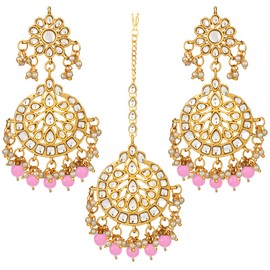 Aheli Exquisite Design Pink Colored Faux Kundan Chandbali Earrings Maang Tikka Set Ethnic Indian Jewelry Gift for Women