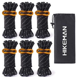 6pcs Reflective Tent Guy Ropes - 5mm Tent Guy Line Heavy Duty Guide Rope with Tensioner Adjuster for Outdoor Camping Hiking Awning Tarp Tents (Black)